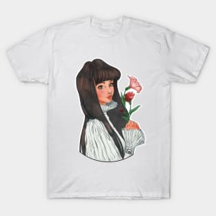 Cute Long black hair girl with flowers and innocent look without background T-Shirt